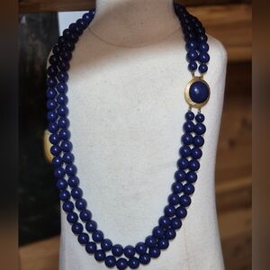 Richelieu Navy Bead Necklace with Textured Gold-Tone Medallion